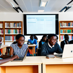 A diverse group of professional Ugandan university students engaged in a modern hybrid learning environment. Students are fully clothed in modest, appropriate attire, using laptops and smartphones, some collaborating on a project, others attending an online lecture via a large screen. The setting is a brightly lit, contemporary university common area with comfortable seating and natural light. Background elements include bookshelves and subtle modern African-inspired decor. Perfect anatomy, correct proportions, natural poses, well-formed hands, proper finger count, natural body proportions. Safe for work, appropriate content, professional, family-friendly, high quality professional photography.