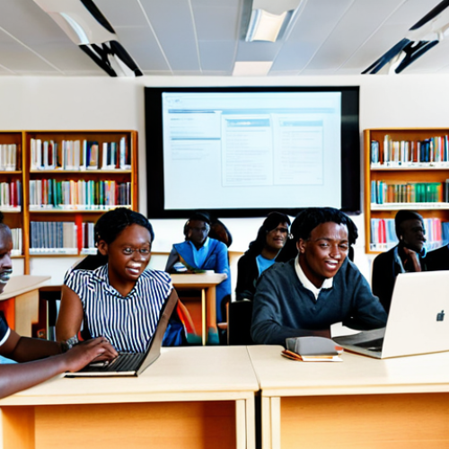 Home 11 A diverse group of professional Ugandan university students engaged in a modern hybrid learning environment. Students are fully clothed in modest, appropriate attire, using laptops and smartphones, some collaborating on a project, others attending an online lecture via a large screen. The setting is a brightly lit, contemporary university common area with comfortable seating and natural light. Background elements include bookshelves and subtle modern African-inspired decor. Perfect anatomy, correct proportions, natural poses, well-formed hands, proper finger count, natural body proportions. Safe for work, appropriate content, professional, family-friendly, high quality professional photography.
