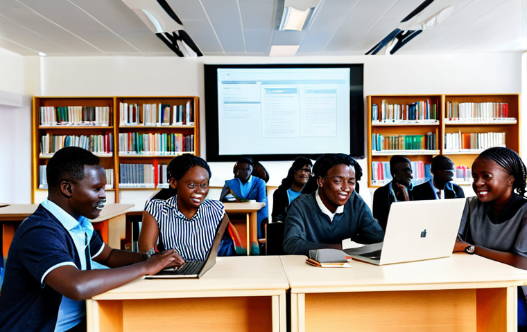 A diverse group of professional Ugandan university students engaged in a modern hybrid learning environment. Students are fully clothed in modest, appropriate attire, using laptops and smartphones, some collaborating on a project, others attending an online lecture via a large screen. The setting is a brightly lit, contemporary university common area with comfortable seating and natural light. Background elements include bookshelves and subtle modern African-inspired decor. Perfect anatomy, correct proportions, natural poses, well-formed hands, proper finger count, natural body proportions. Safe for work, appropriate content, professional, family-friendly, high quality professional photography.