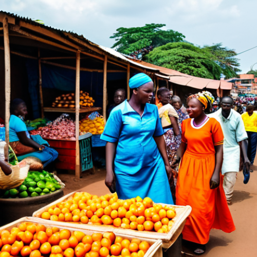 Home 6 A bustling Ugandan market scene**
"A vibrant and colorful market in Kampala, Uganda. Local vendors are selling fresh produce, crafts, and textiles. People are dressed in bright, traditional African clothing, interacting and bargaining. The atmosphere is lively and energetic, with lots of movement and detail. Safe for work, appropriate content, fully clothed, professional photography, natural body proportions, perfect anatomy, modest dress. Emphasize the cultural richness and everyday life of Uganda, family-friendly."
**