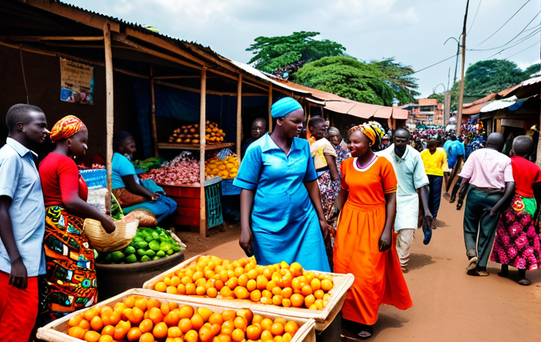 A bustling Ugandan market scene**

"A vibrant and colorful market in Kampala, Uganda. Local vendors are selling fresh produce, crafts, and textiles. People are dressed in bright, traditional African clothing, interacting and bargaining. The atmosphere is lively and energetic, with lots of movement and detail. Safe for work, appropriate content, fully clothed, professional photography, natural body proportions, perfect anatomy, modest dress. Emphasize the cultural richness and everyday life of Uganda, family-friendly."

**