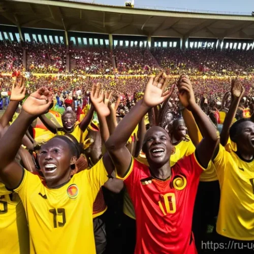 우간다의 스포츠 문화 - **Vibrant Ugandan Football Celebration:** A dynamic wide-angle shot capturing the essence of Ugandan...