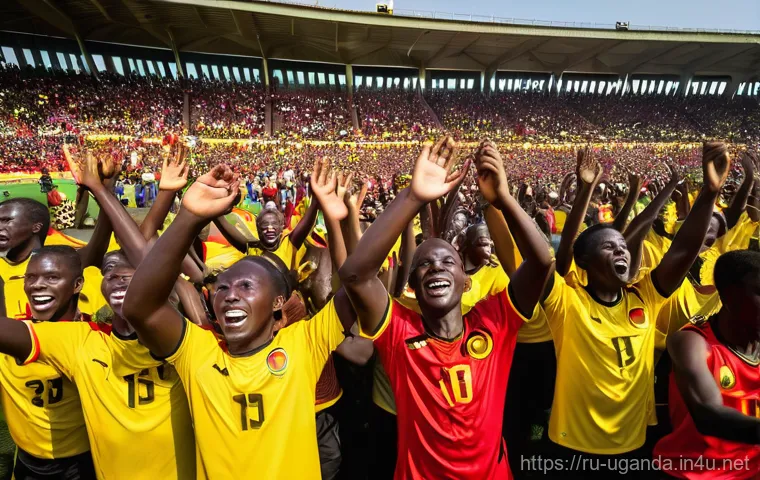 우간다의 스포츠 문화 - **Vibrant Ugandan Football Celebration:** A dynamic wide-angle shot capturing the essence of Ugandan...