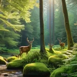 루게레 국립공원의 특징 - **Prompt:** A serene, untouched ancient forest in Rugere, bathed in soft morning light. Towering pin...