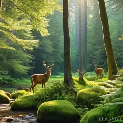 루게레 국립공원의 특징 - **Prompt:** A serene, untouched ancient forest in Rugere, bathed in soft morning light. Towering pin...