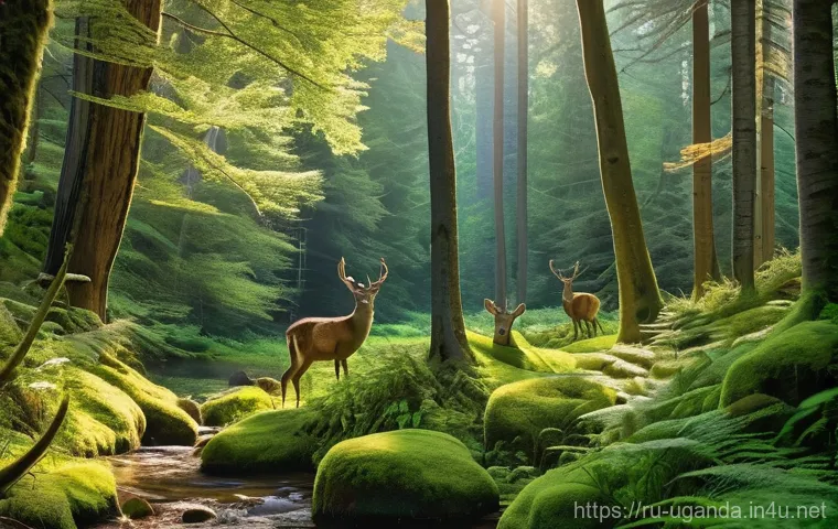 루게레 국립공원의 특징 - **Prompt:** A serene, untouched ancient forest in Rugere, bathed in soft morning light. Towering pin...