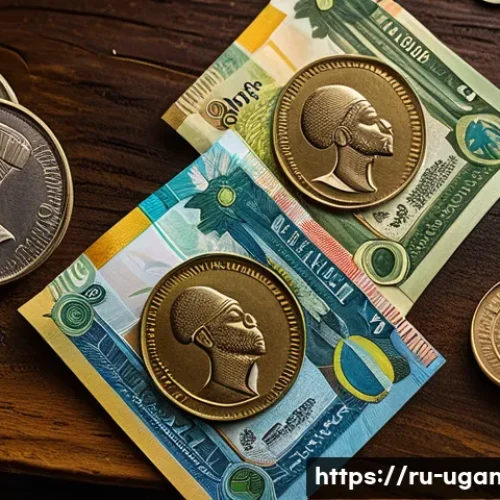 우간다에서 사용하는 통화 단위 - A detailed close-up of Ugandan banknotes and coins spread on a traditional wooden table, featuring v...