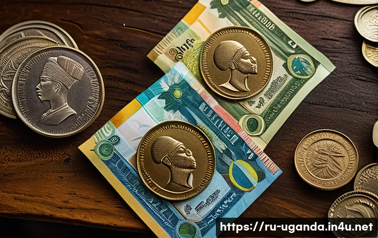 우간다에서 사용하는 통화 단위 - A detailed close-up of Ugandan banknotes and coins spread on a traditional wooden table, featuring v...