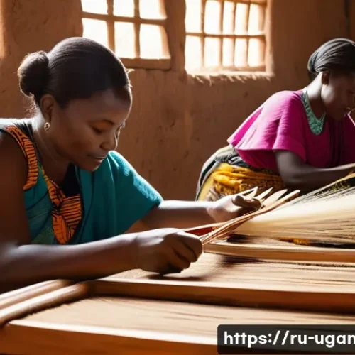 우간다 전통 직물 바크 클로스 - A detailed scene of Ugandan artisans handcrafting traditional fabrics using wooden looms in a rural ...