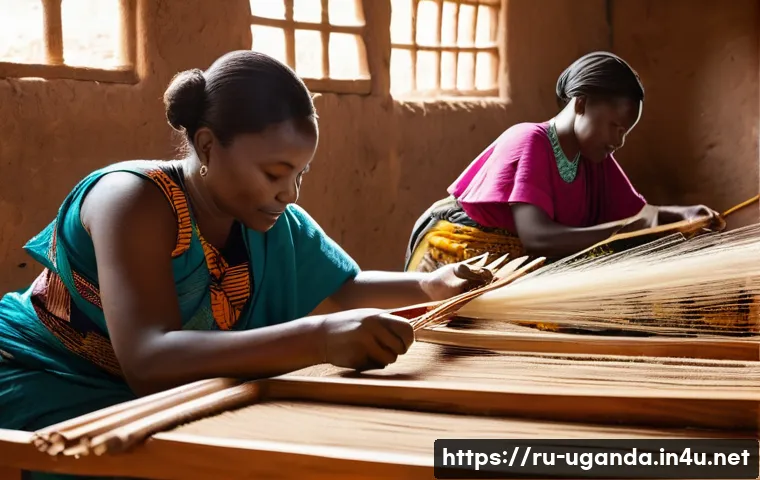 우간다 전통 직물 바크 클로스 - A detailed scene of Ugandan artisans handcrafting traditional fabrics using wooden looms in a rural ...