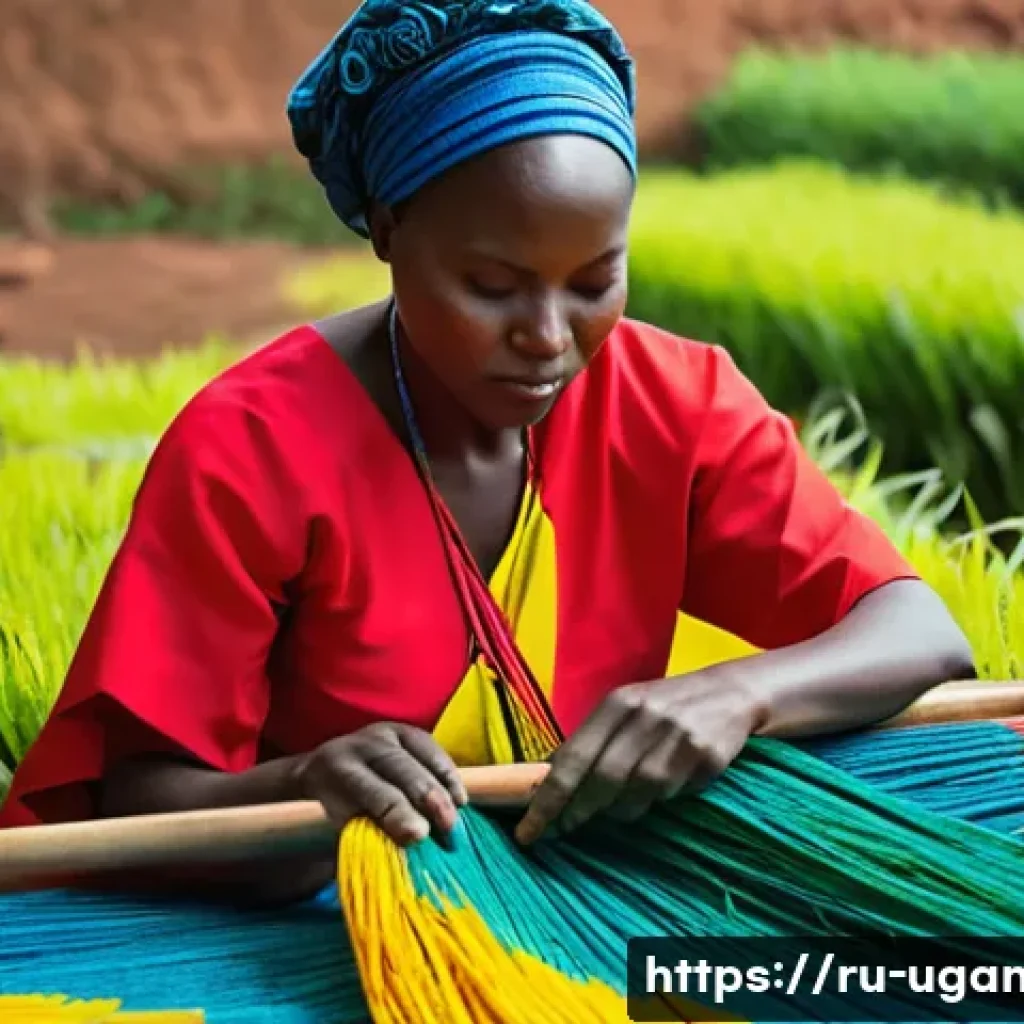 우간다 전통 의상 고모스 - A vibrant portrait of Ugandan artisans weaving traditional gomoc fabric using natural cotton and sil...