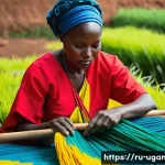 우간다 전통 의상 고모스 - A vibrant portrait of Ugandan artisans weaving traditional gomoc fabric using natural cotton and sil...