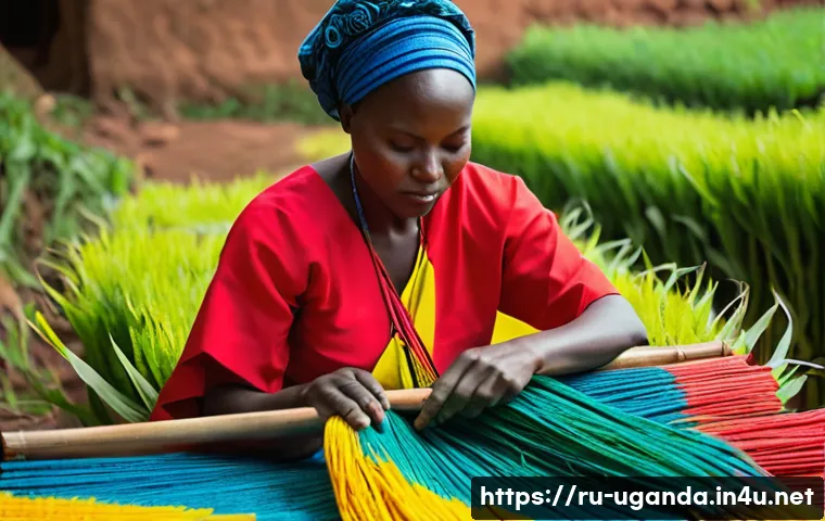 우간다 전통 의상 고모스 - A vibrant portrait of Ugandan artisans weaving traditional gomoc fabric using natural cotton and sil...