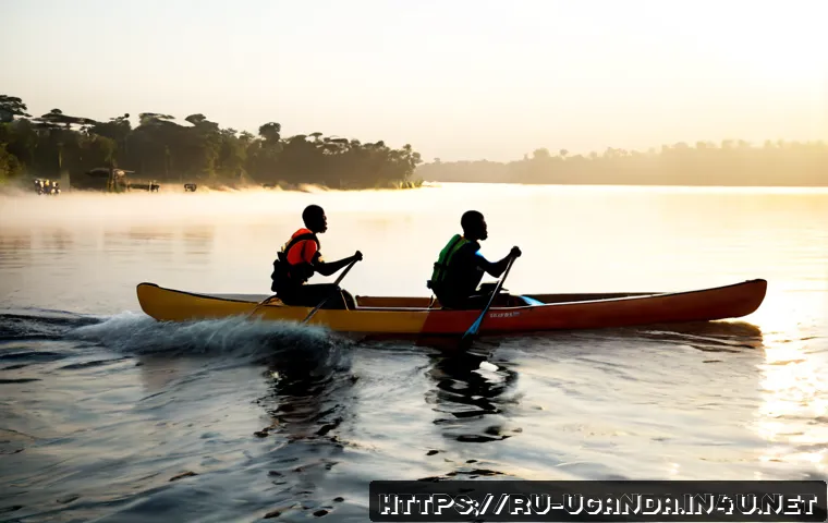 우간다 카누 스포츠 - Photorealistic action scene of Ugandan canoe athletes racing sleek wooden canoes across calm Lake Vi...