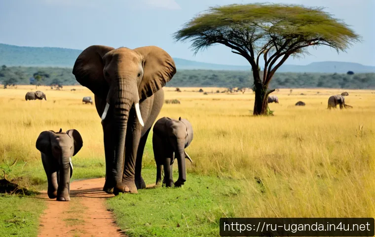 Home 17 우간다 국립공원의 동물 - Photorealistic African elephant family walking across the golden savanna of Murchison Falls National...